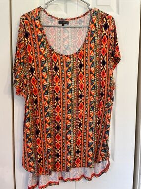 Boho Geo Scoop Neck Short Sleeve Top - Orange Multi